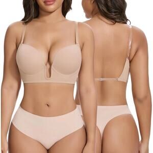 Women Deep Plunge Backless Bra Push Up Underwire Convertible Clear Straps